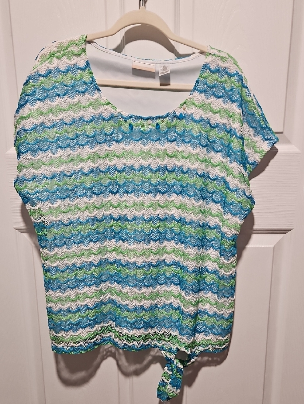 Alfred Dunner Blue, Green & White Crochet Tie-Hem Top